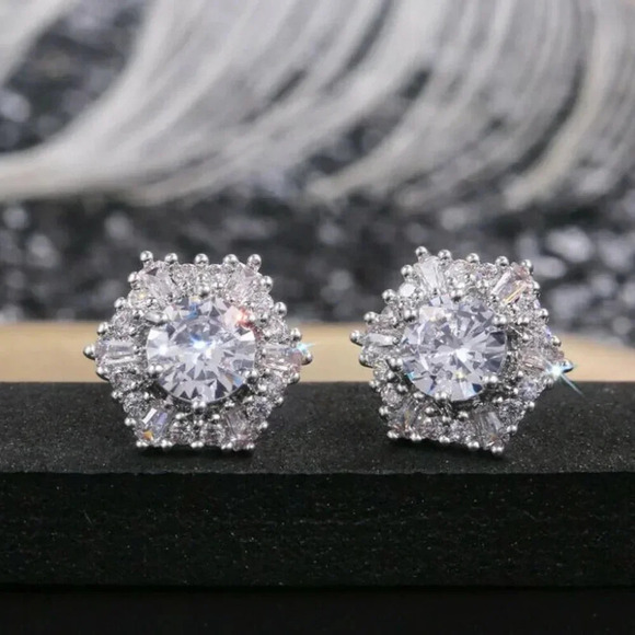 Sterling Silver Diamond Hexagon Halo Stud Earrings - Picture 3 of 10